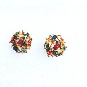 Vintage Gold-Tone Knotted Earrings with Multicolor Rhinestones
